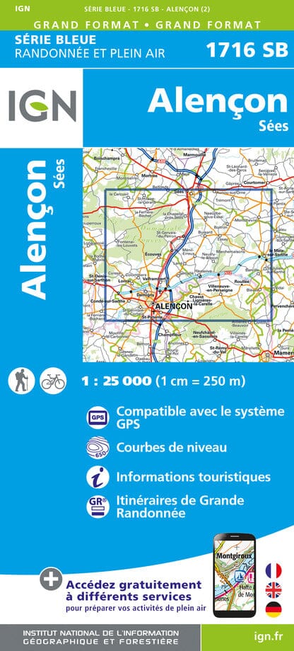 Carte de randonnée n° 1716 - Alençon, Sées | IGN - Série Bleue carte pliée IGN 
