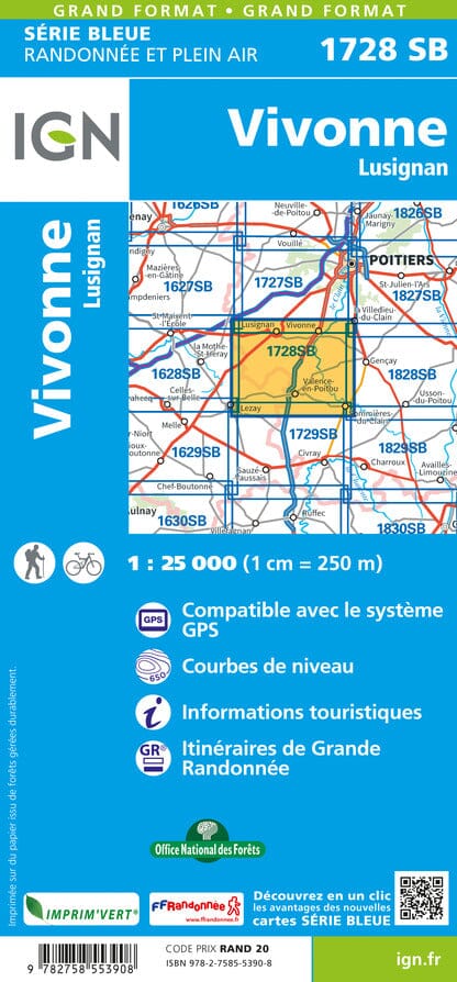 Carte de randonnée n° 1728 - Vivonne, Lusignan | IGN - Série Bleue carte de randonnée IGN