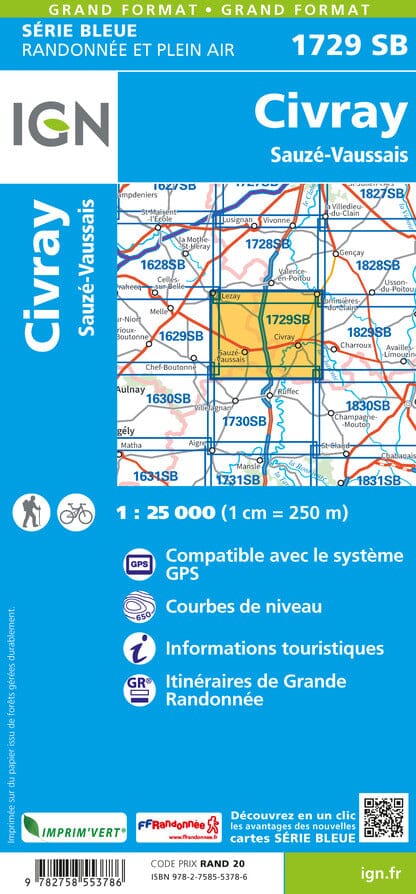 Carte de randonnée n° 1729 - Civray, Sauzé-Vaussais | IGN - Série Bleue carte de randonnée IGN