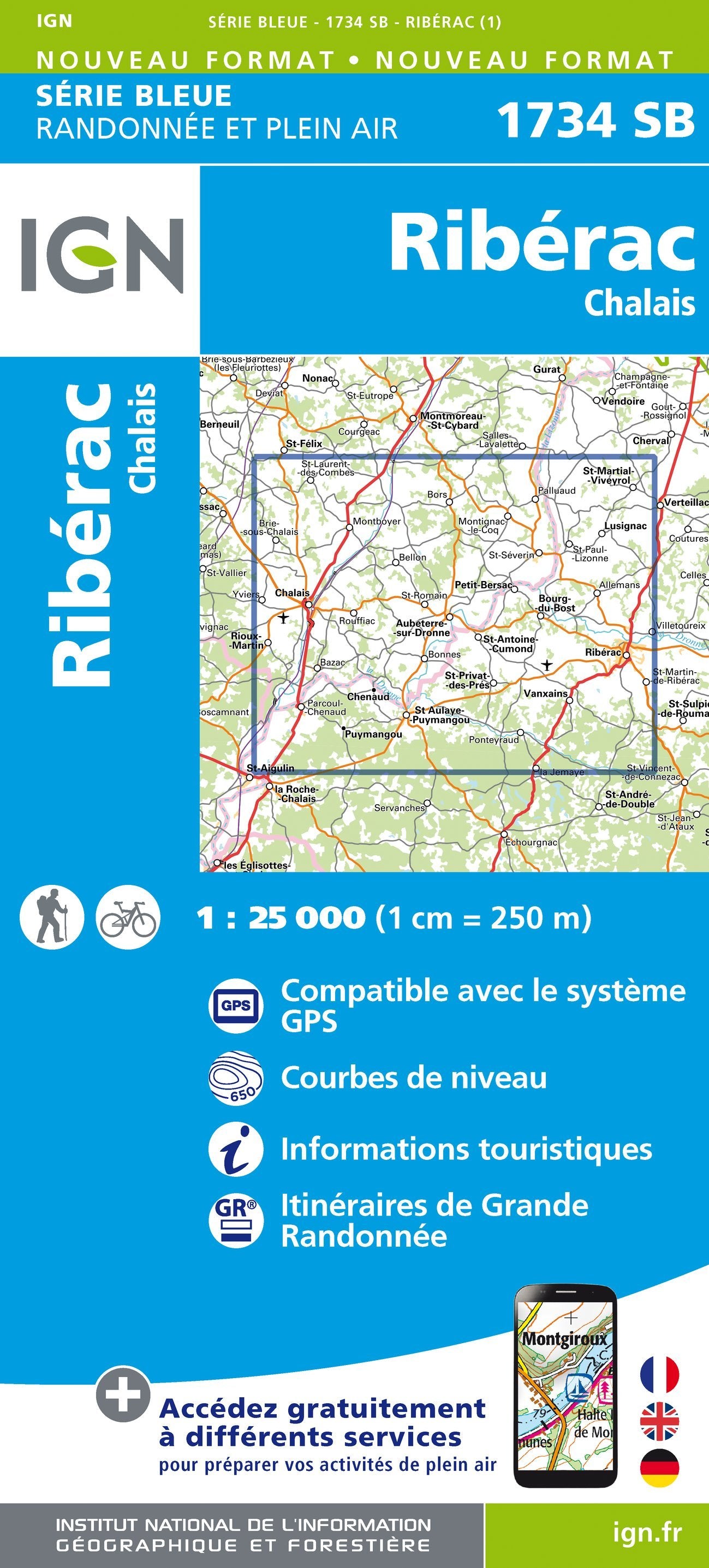 Carte de randonnée n° 1734 - Riberac, Chalais | IGN - Série Bleue carte de randonnée IGN Default Title