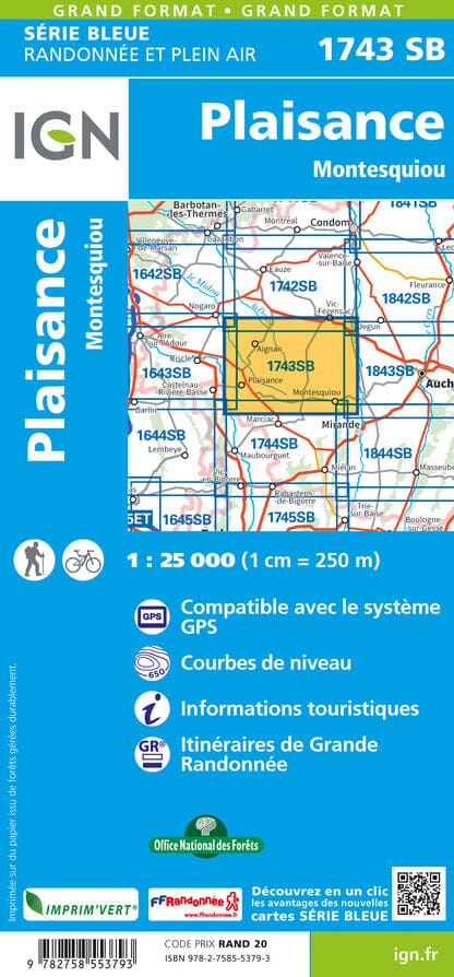 Carte de randonnée n° 1743 - Plaisance, Montesquiou | IGN - Série Bleue carte de randonnée IGN