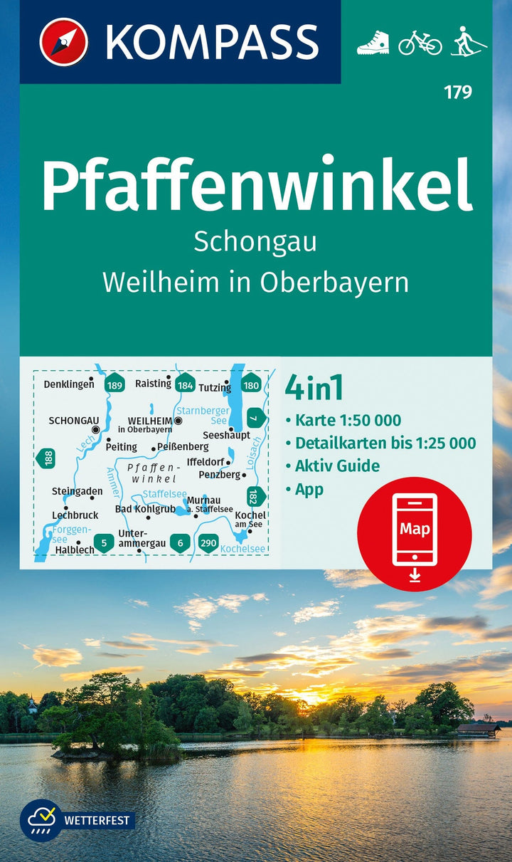 Carte de randonnée n° 179 - Pfaffenwinkel, Schongau, Weilheim in Oberbayern (Allemagne) | Kompass carte pliée Kompass 