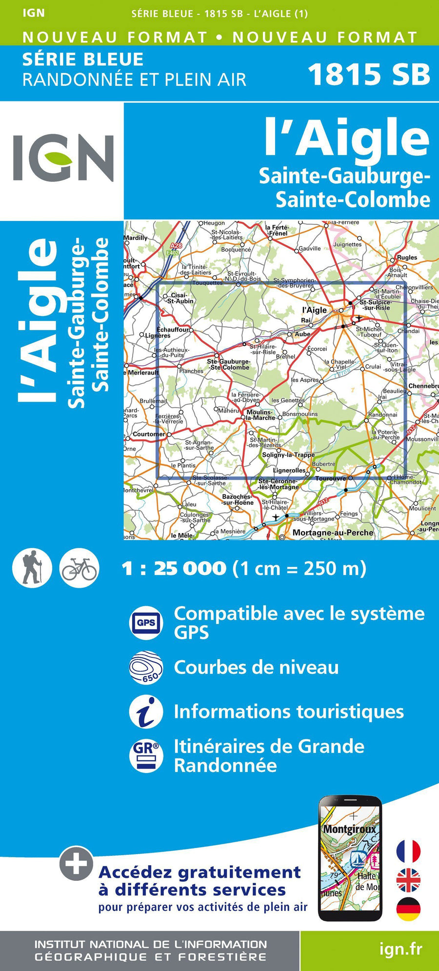 Carte de randonnée n° 1815 - L'Aigle, Ste-Gauburge, Ste Colombe | IGN - Série Bleue carte pliée IGN 