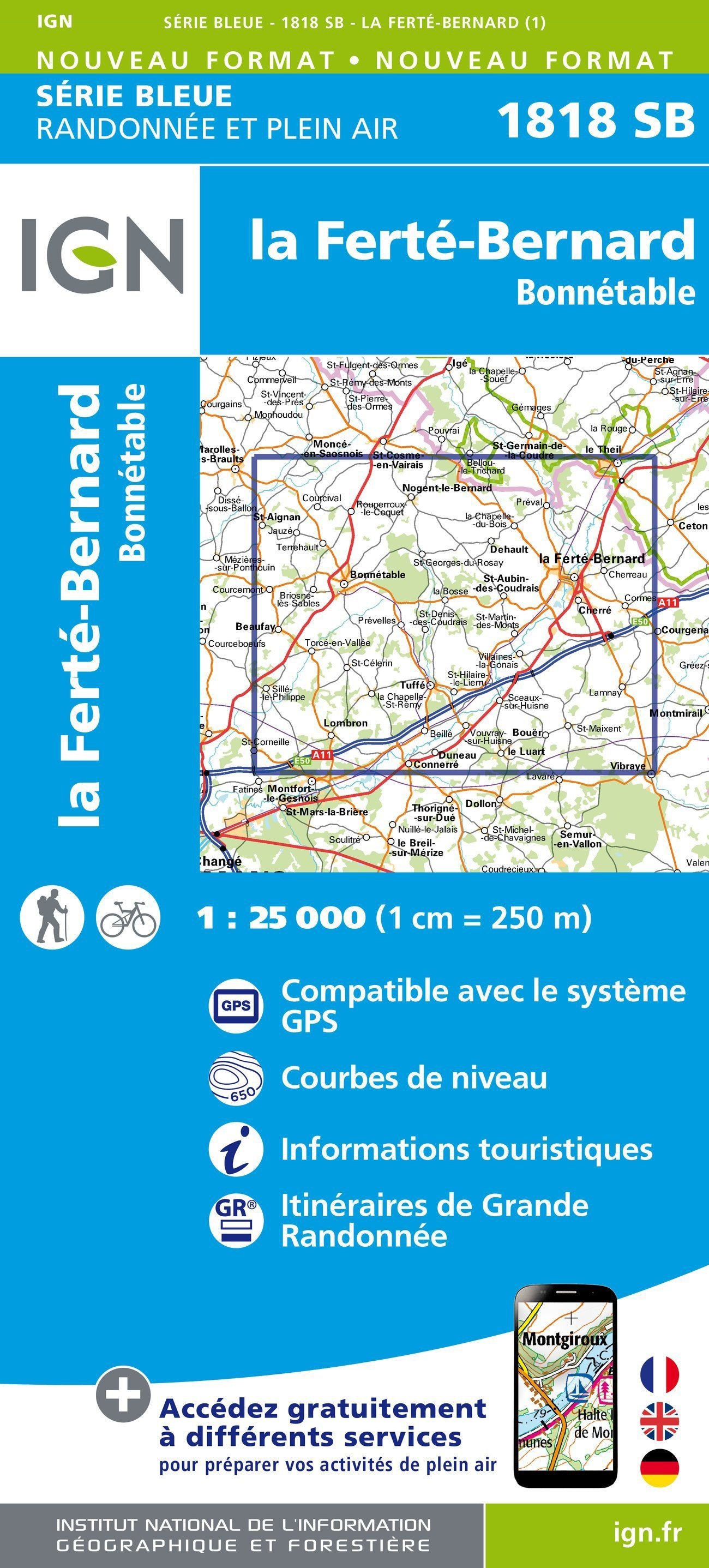 Carte de randonnée n° 1818 - La Ferté-Bernard, Bonnétable | IGN - Série Bleue carte de randonnée IGN Default Title