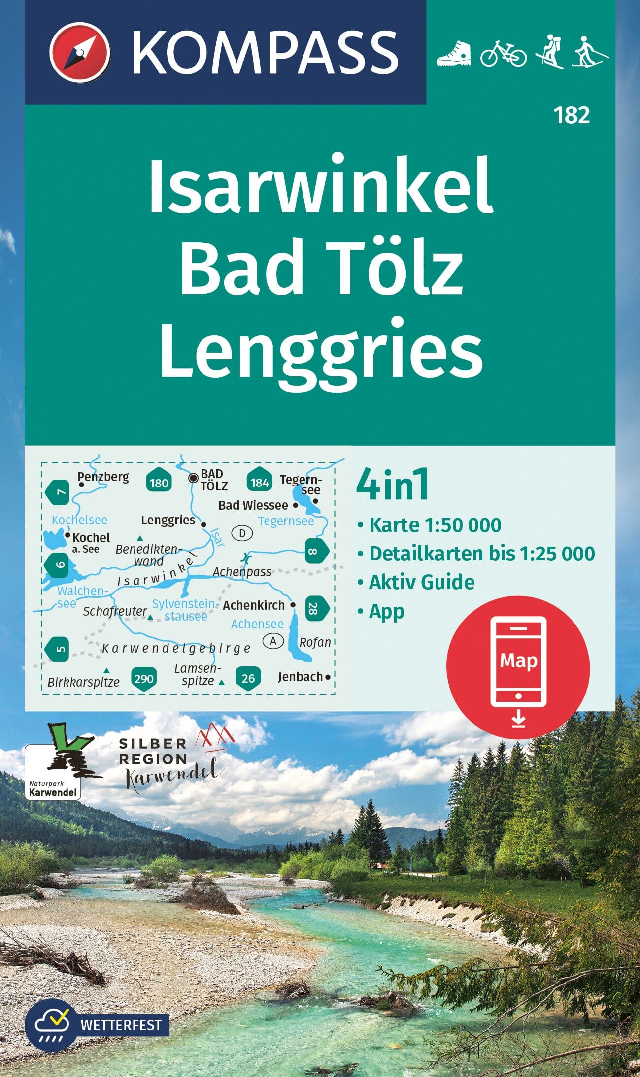 Carte de randonnée n° 182 - Isarwinkel, Bad Tölz, Lenggries (Bavière) | Kompass carte de randonnée Kompass