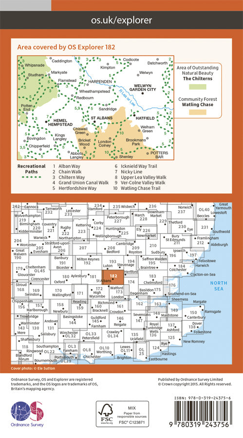 Carte de randonnée n° 182 - St-Albans, Hatfield (Grande Bretagne) | Ordnance Survey - Explorer carte de randonnée Ordnance Survey