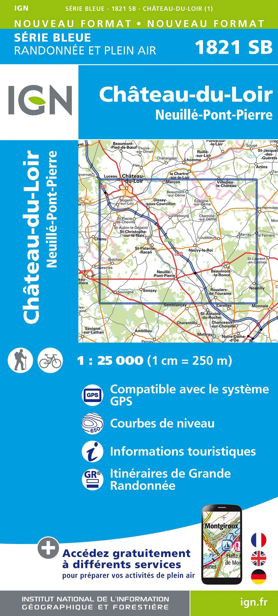Carte de randonnée n° 1821 - Château-du-Loir, Neuillé-Pont-Pierre | IGN - Série Bleue carte pliée IGN 