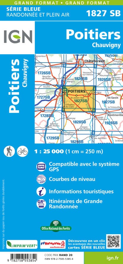 Carte de randonnée n° 1827 - Poitiers, Chauvigny | IGN - Série Bleue carte de randonnée IGN