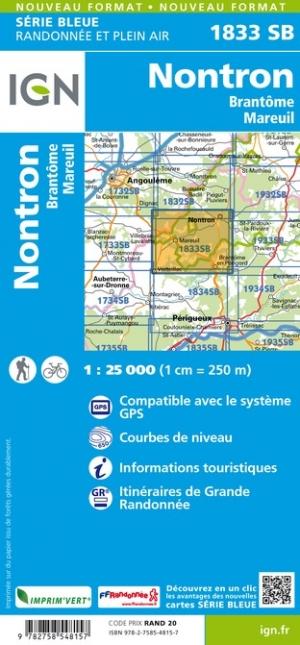 Carte de randonnée n° 1833 - Nontron, Brantôme, Mareuil (Dordogne) | IGN - Série Bleue carte de randonnée IGN