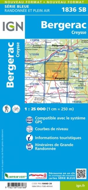 Carte de randonnée n° 1836 - Bergerac, Creysse | IGN - Série Bleue carte pliée IGN 
