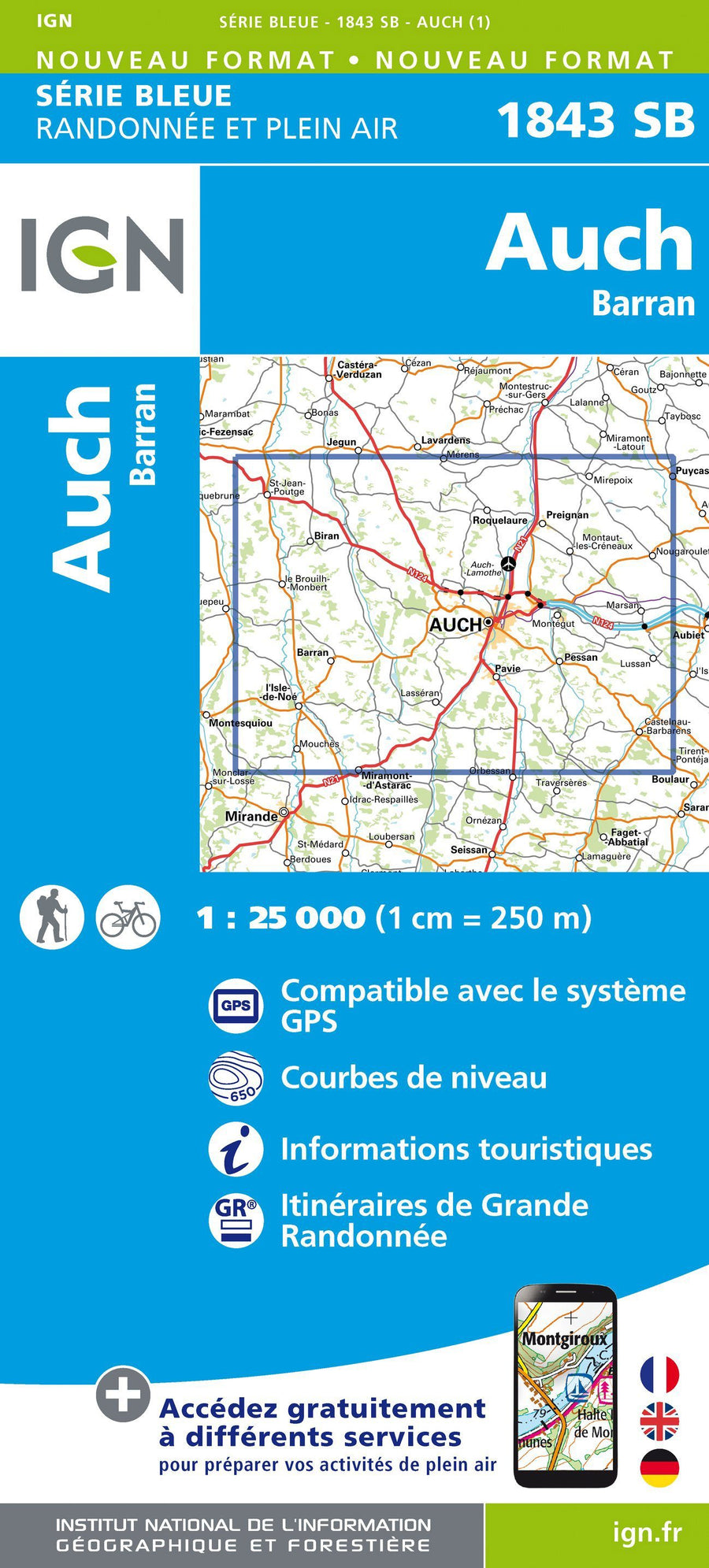 Carte de randonnée n° 1843 - Auch, Barran | IGN - Série Bleue carte pliée IGN 