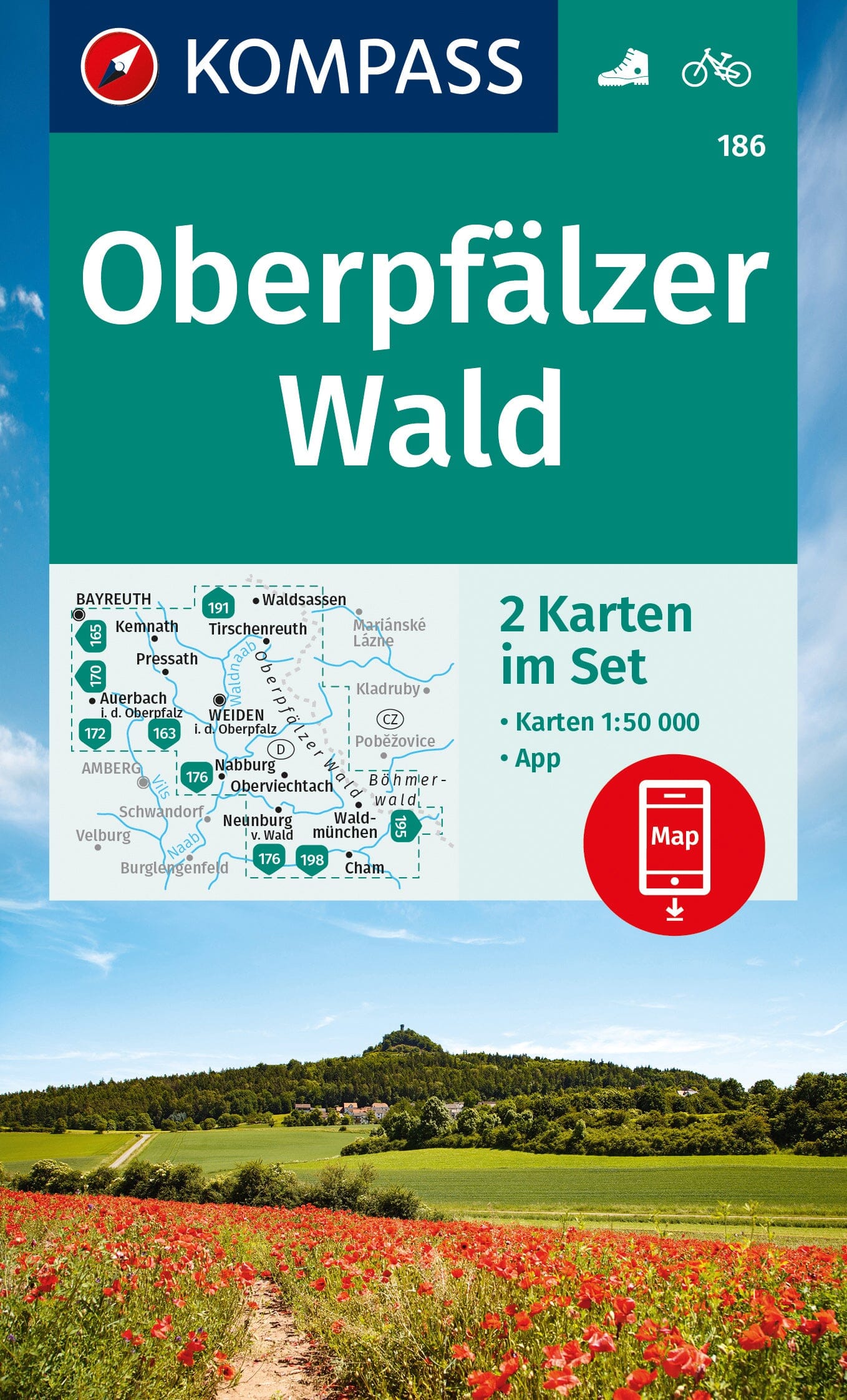 Carte de randonnée n° 186 - Oberpfälzer Wald (Allemagne) | Kompass carte de randonnée Kompass