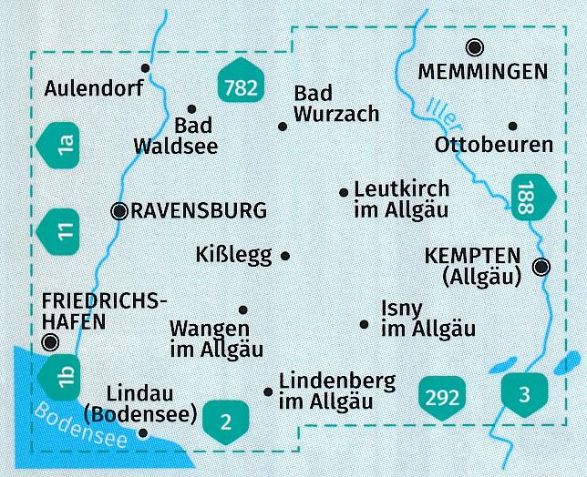 Carte de randonnée n° 187 - Oberschwaben, Isny, Wangen, Leutkirch (Allemagne) | Kompass carte pliée Kompass 
