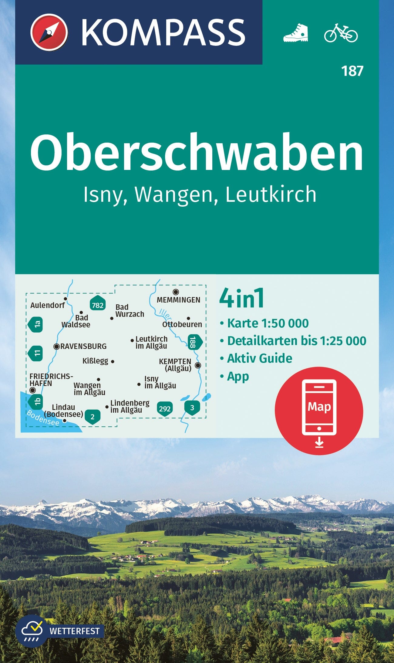 Carte de randonnée n° 187 - Oberschwaben, Isny, Wangen, Leutkirch (Allemagne) | Kompass carte de randonnée Kompass