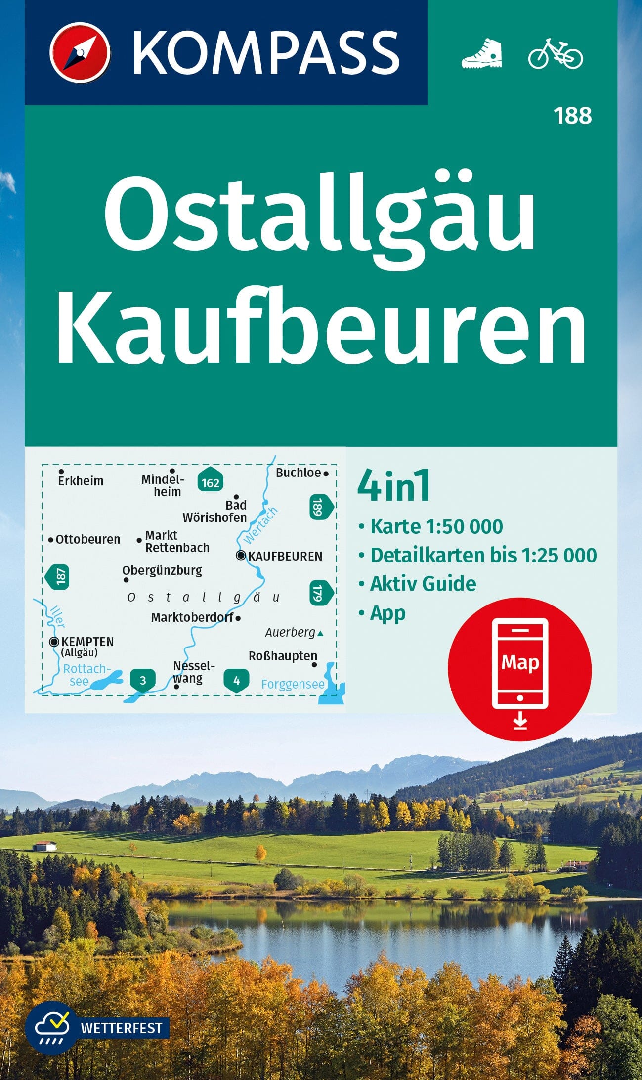 Carte de randonnée n° 188 - Ostallgäu, Kaufbeuren + Activ Guide (Allemagne) | Kompass carte de randonnée Kompass