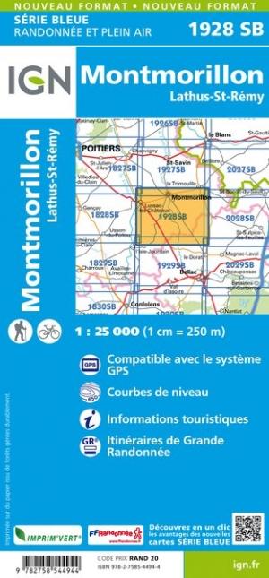 Carte de randonnée n° 1928 - Montmorillon, Lathus-St-Rémy | IGN - Série Bleue carte pliée IGN 