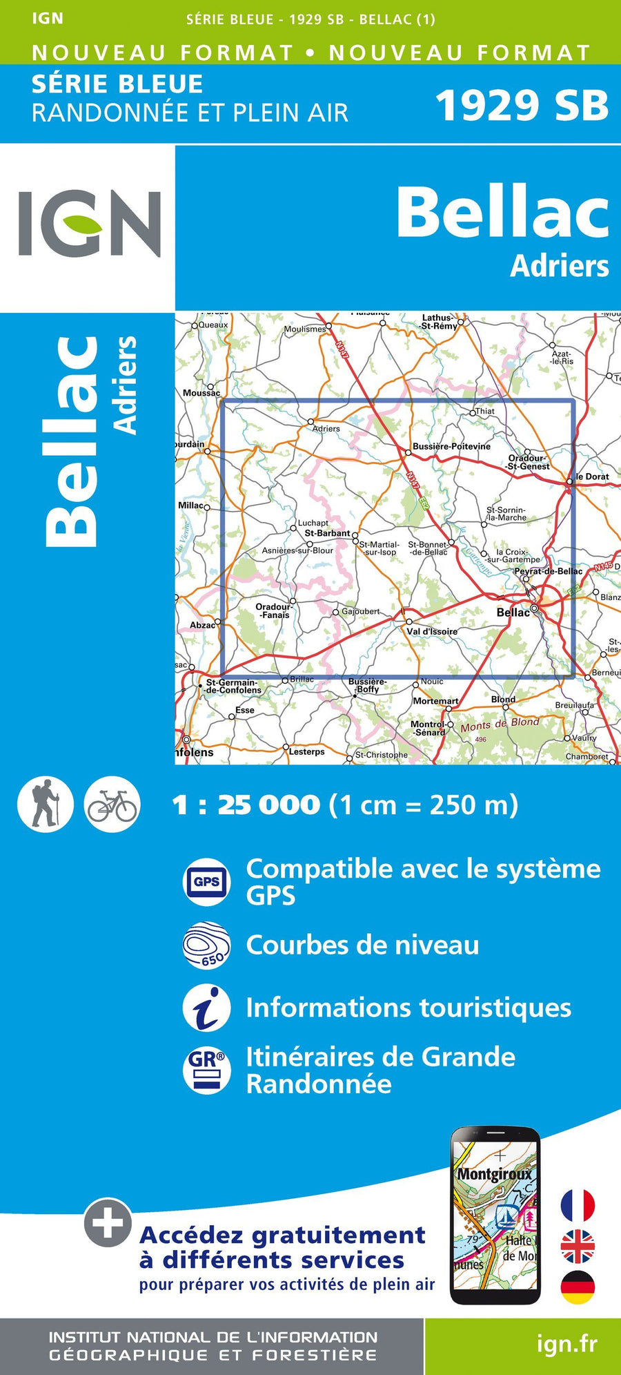 Carte de randonnée n° 1929 - Bellac, Adriers | IGN - Série Bleue carte pliée IGN 