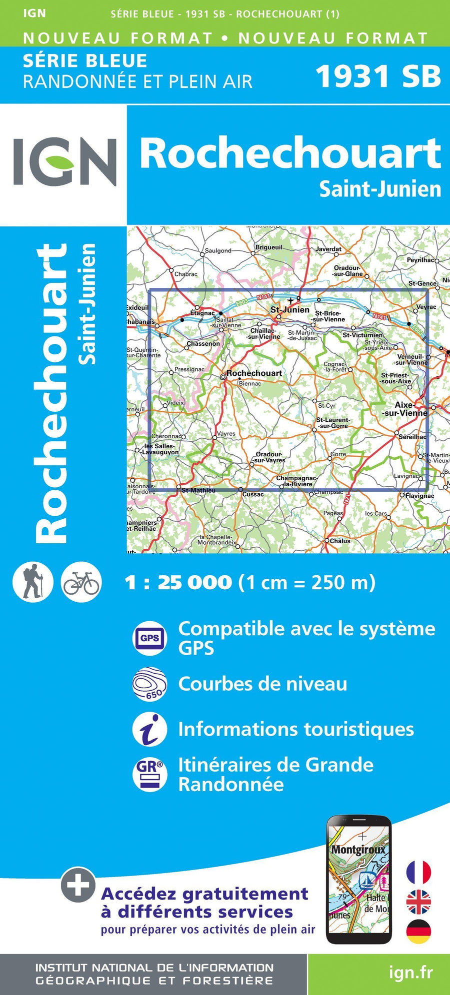 Carte de randonnée n° 1931 - Rochechouart, Saint-Junien | IGN - Série Bleue carte pliée IGN 