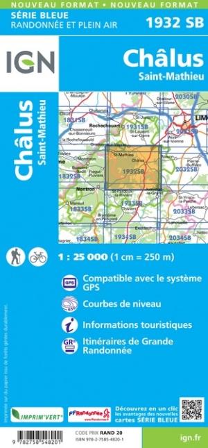 Carte de randonnée n° 1932 - Châlus, Saint-Mathieu (Haute-Vienne) | IGN - Série Bleue carte pliée IGN 