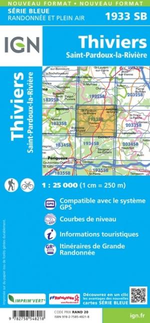 Carte de randonnée n° 1933 - Thiviers, St-Pardoux-la-Rivière | IGN - Série Bleue carte pliée IGN 
