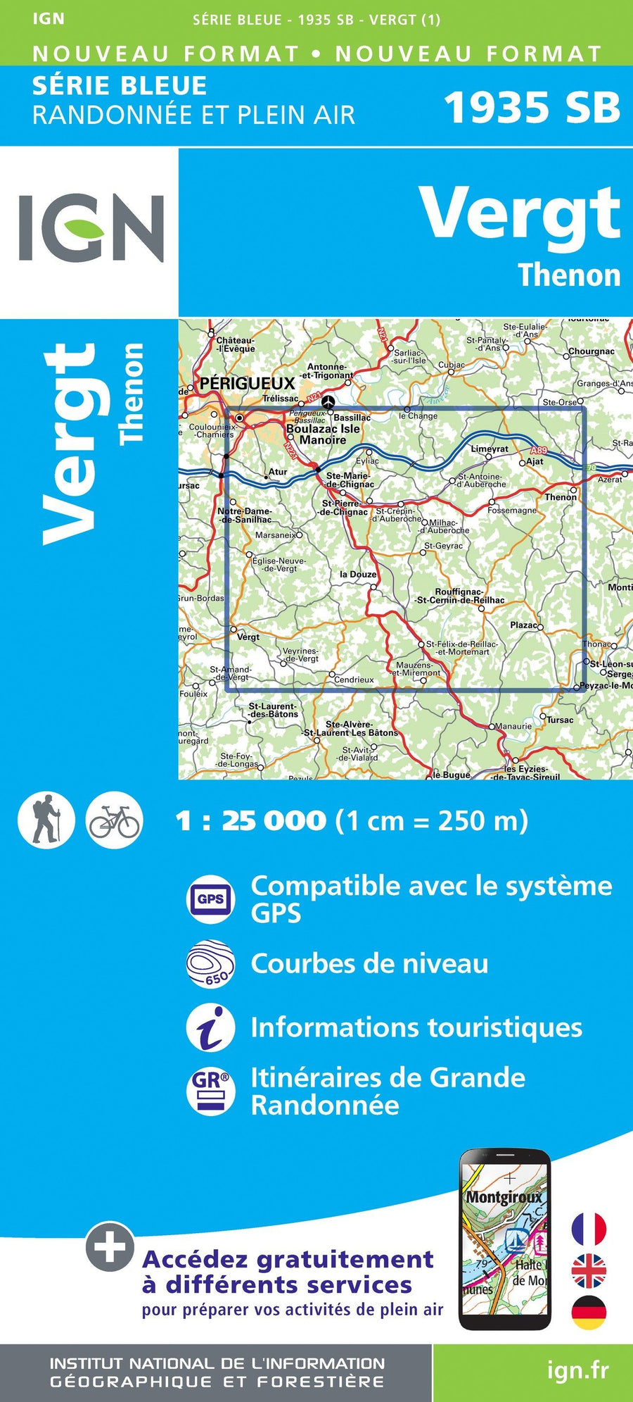 Carte de randonnée n° 1935 - Vergt, Thenon | IGN - Série Bleue carte pliée IGN 