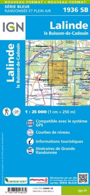 Carte de randonnée n° 1936 - Lalinde, le Buisson-de-Cadouin, | IGN - Série Bleue carte pliée IGN 