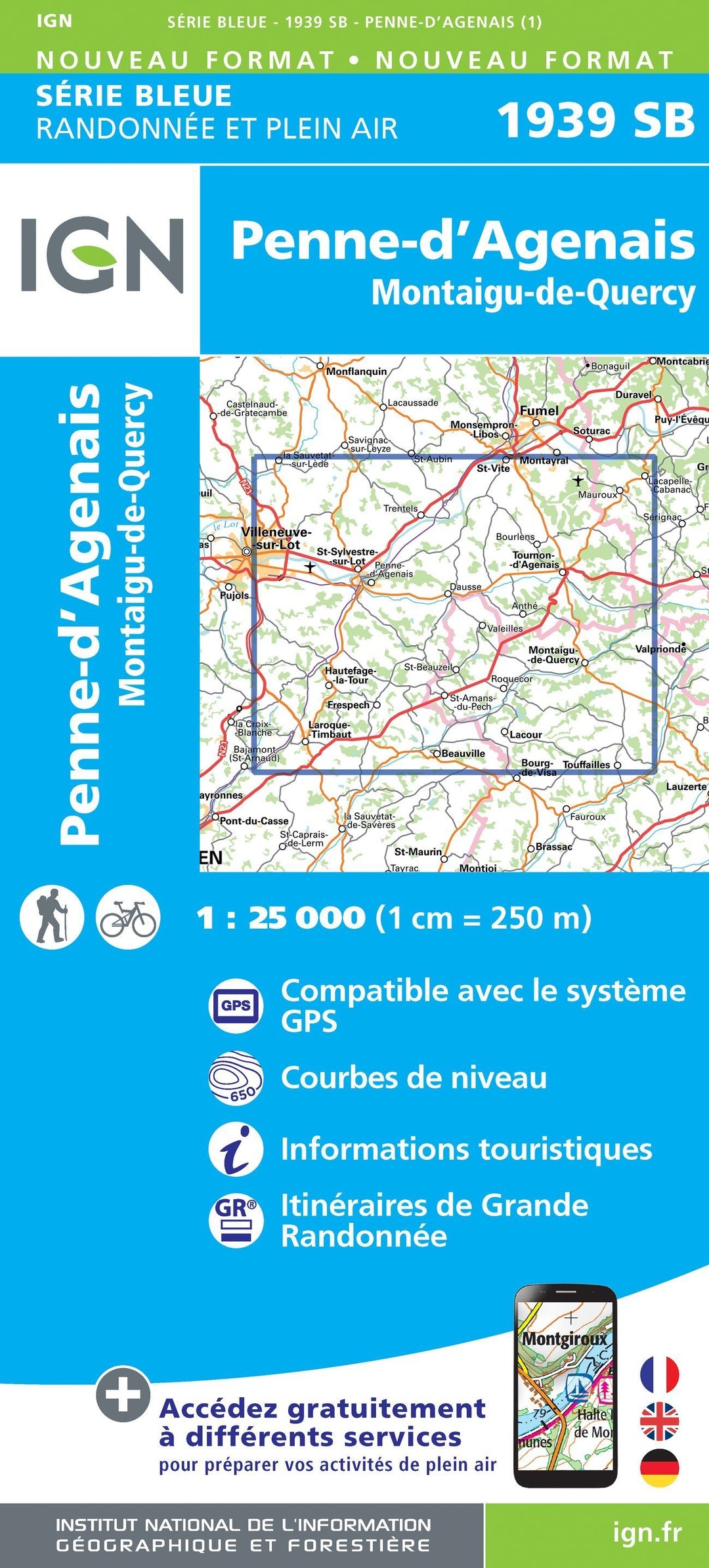 Carte de randonnée n° 1939 - Penne-d'Agenais, Montaigu-de-Quercy | IGN - Série Bleue carte pliée IGN 