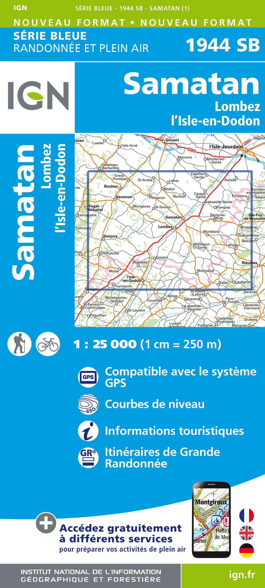 Carte de randonnée n° 1944 - Samatan, Lombez, L'Isle-en-Dodon | IGN - Série Bleue carte pliée IGN 