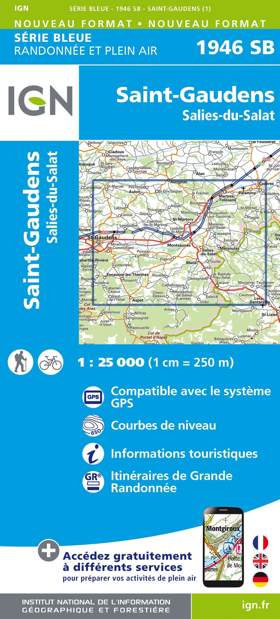 Carte de randonnée n° 1946 - St-Gaudens, Salies-du-Salat | IGN - Série Bleue carte pliée IGN 