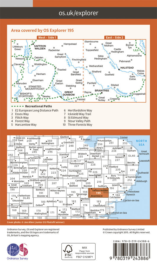 Carte de randonnée n° 195 - Braintree, Saffron Walden (Grande Bretagne) | Ordnance Survey - Explorer carte pliée Ordnance Survey Papier 