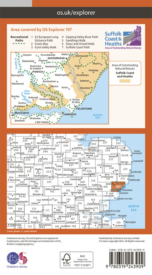 Carte de randonnée n° 197 - Ipswich, Felixstowe, Harwich (Grande Bretagne) | Ordnance Survey - Explorer carte de randonnée Ordnance Survey