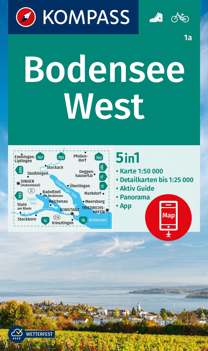 Carte de randonnée n° 1A - Lac de Constance Ouest (Allemagne, Suisse) | Kompass carte pliée Kompass 