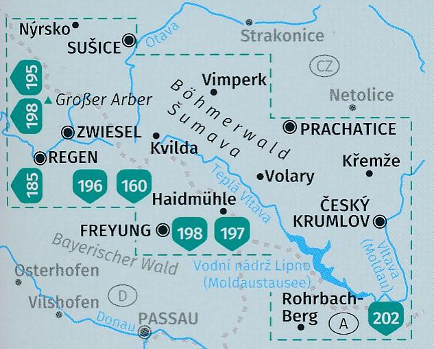 Carte de randonnée n° 2000 - Forêt de Bohême, Böhmerwald /Sumava (Allemagne, Autriche, République Tchèque) | Kompass carte de randonnée Kompass