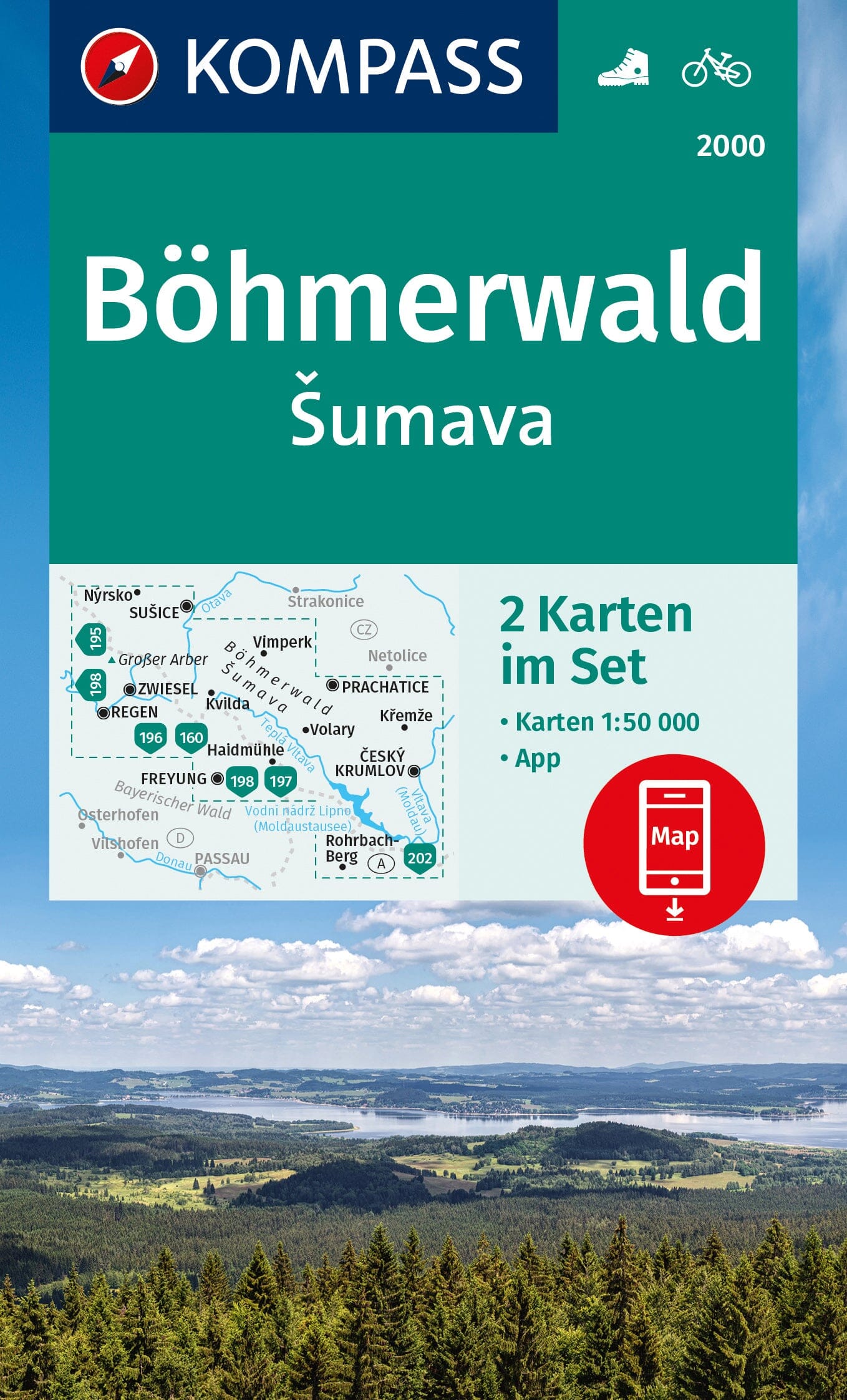 Carte de randonnée n° 2000 - Forêt de Bohême, Böhmerwald /Sumava (Allemagne, Autriche, République Tchèque) | Kompass carte de randonnée Kompass