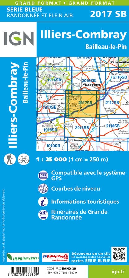 Carte de randonnée n° 2017 - Illiers-Combray, Bailleau-le-Pin | IGN - Série Bleue carte de randonnée IGN