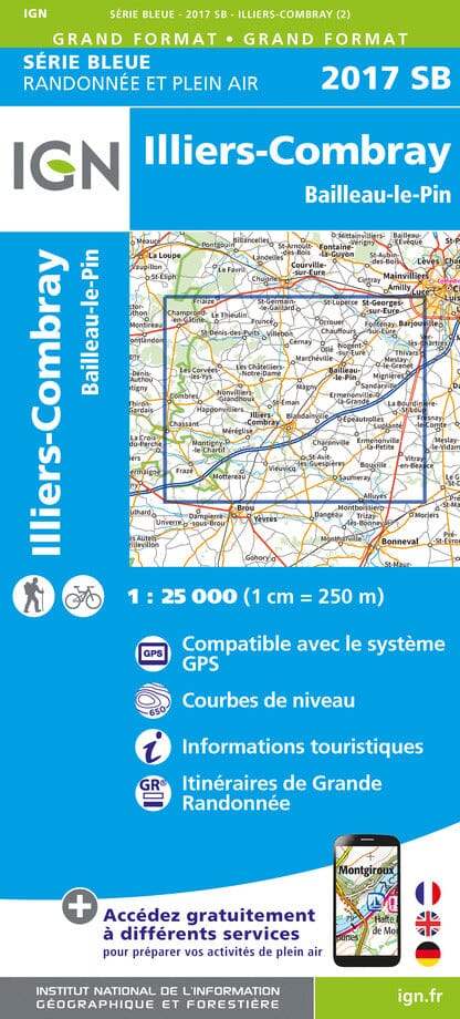 Carte de randonnée n° 2017 - Illiers-Combray, Bailleau-le-Pin | IGN - Série Bleue carte pliée IGN 
