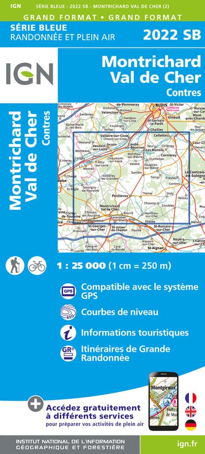 Carte de randonnée n° 2022 - Montrichard, Val de Cher, Contres | IGN - Série Bleue carte pliée IGN 