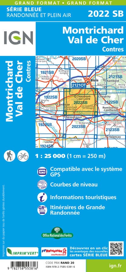 Carte de randonnée n° 2022 - Montrichard, Val de Cher, Contres | IGN - Série Bleue carte de randonnée IGN