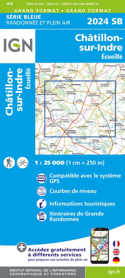 Carte de randonnée n° 2024 - Châtillon-sur-Indre - Ecueillé | IGN - Série Bleue carte de randonnée IGN