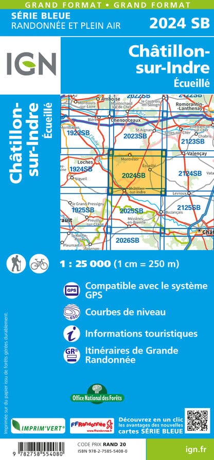 Carte de randonnée n° 2024 - Châtillon-sur-Indre - Ecueillé | IGN - Série Bleue carte pliée IGN 