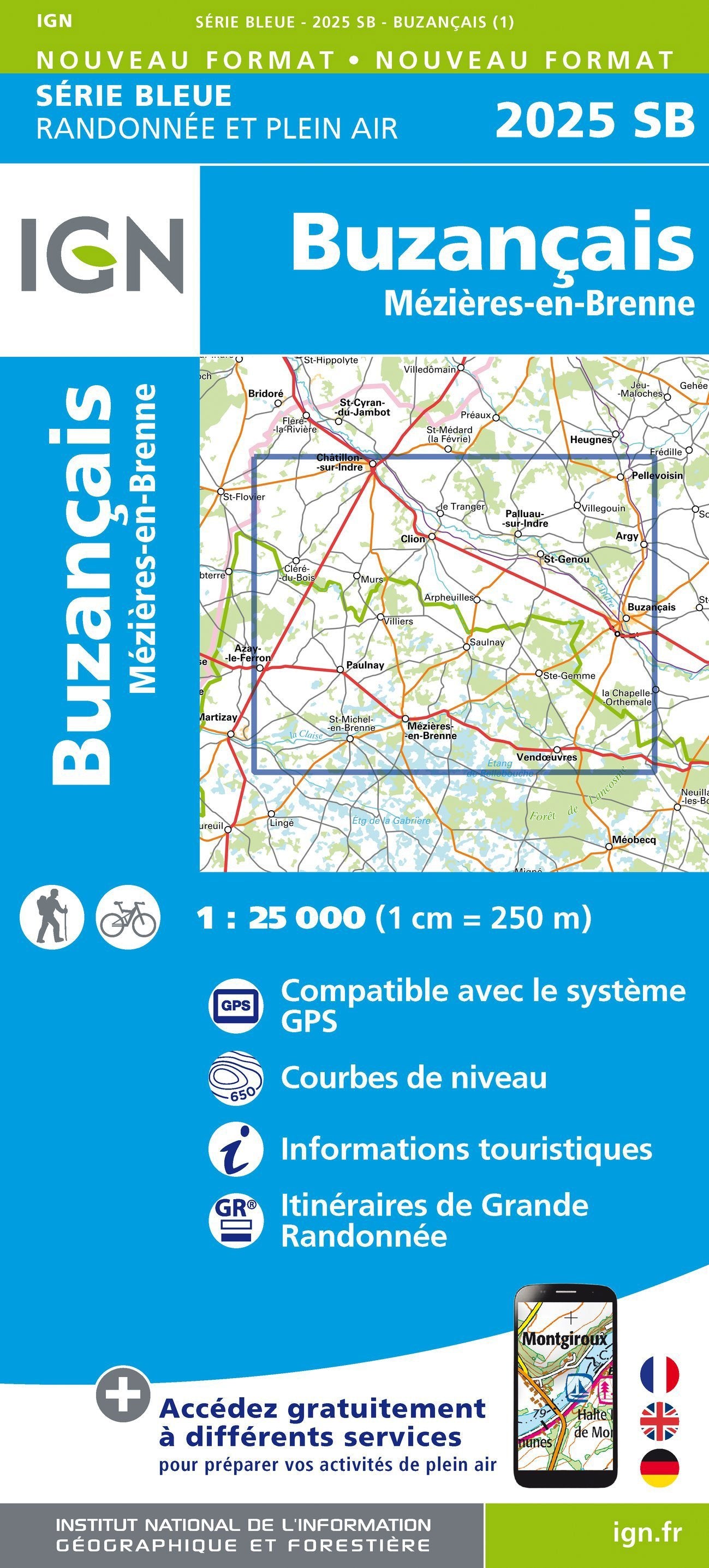 Carte de randonnée n° 2025 - Buzançais, Mézières-en-Brenne | IGN - Série Bleue carte de randonnée IGN Default Title