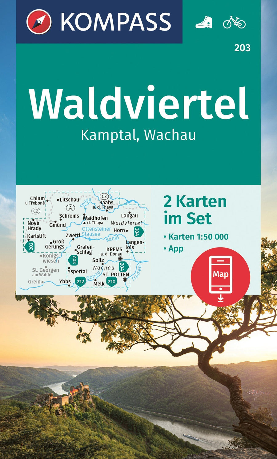 Carte de randonnée n° 203 - Waldviertel Kampta, Wachau (Basse-Autriche) | Kompass carte pliée Kompass 