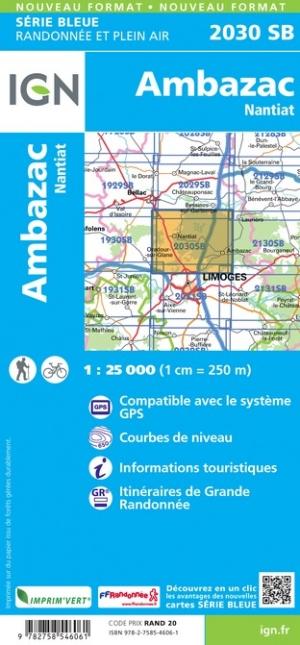 Carte de randonnée n° 2030 - Ambazac, Nantiat | IGN - Série Bleue carte pliée IGN 