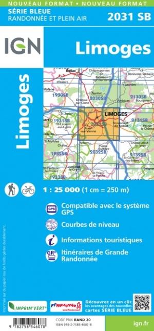 Carte de randonnée n° 2031 - Limoges | IGN - Série Bleue carte de randonnée IGN
