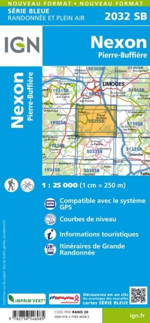 Carte de randonnée n° 2032 - Nexon, Pierre-Buffière | IGN - Série Bleue carte de randonnée IGN