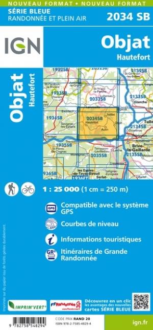 Carte de randonnée n° 2034 - Objat, Hautefort | IGN - Série Bleue carte de randonnée IGN