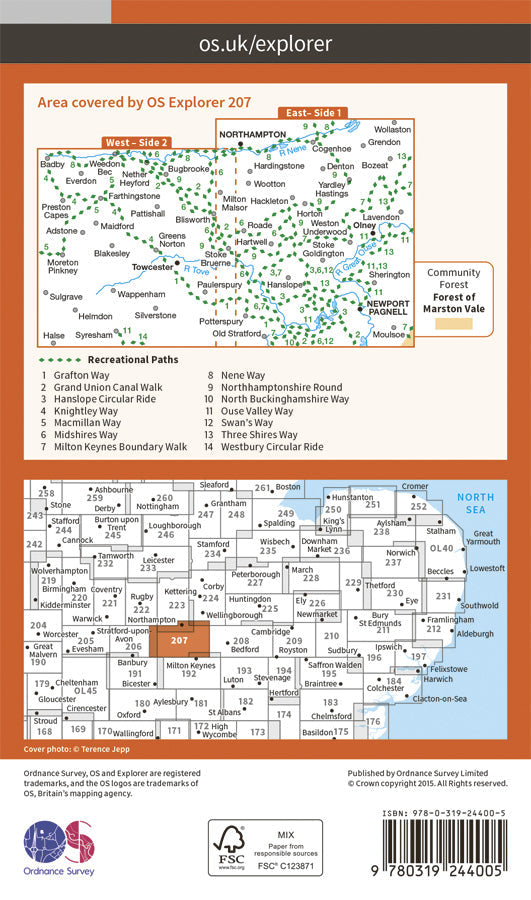 Carte de randonnée n° 207 - Newport Pagnell, Northampton South (Grande Bretagne) | Ordnance Survey - Explorer carte de randonnée Ordnance Survey