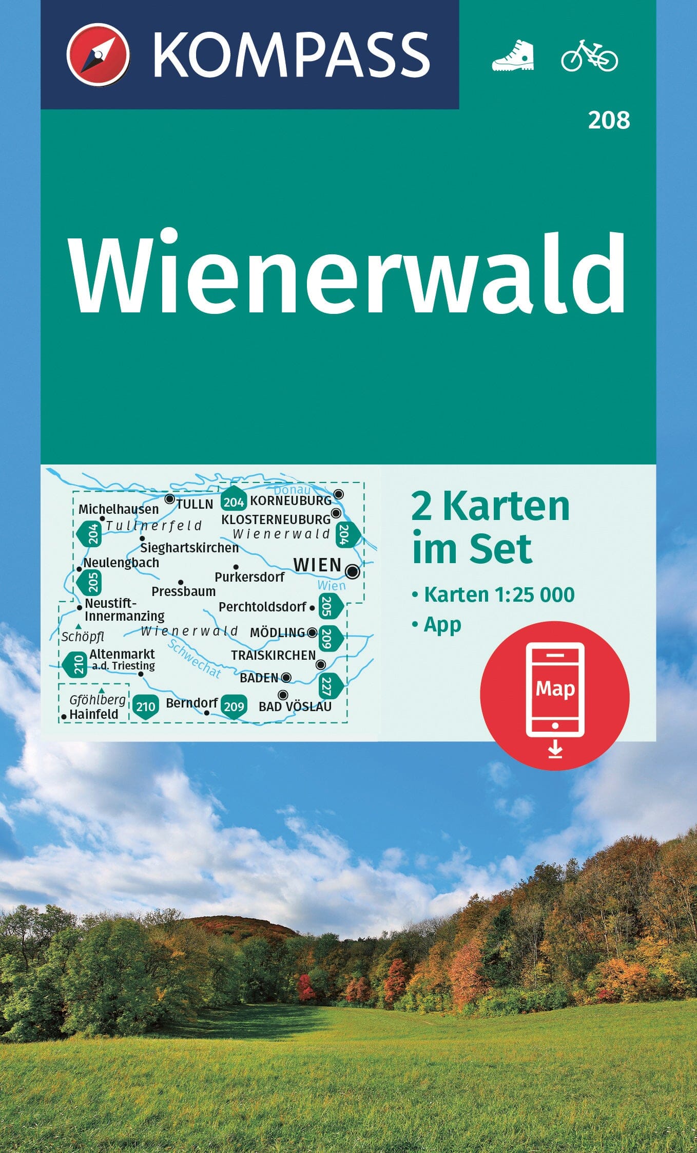 Carte de randonnée n° 208 - Wienerwald (Autriche) | Kompass carte de randonnée Kompass