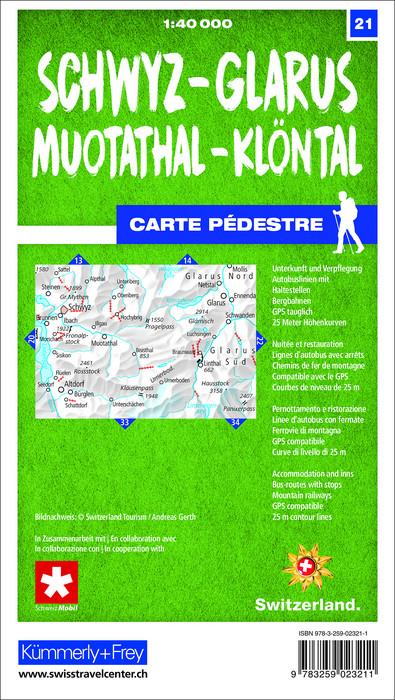 Carte de randonnée n° 21 - Schwyz, Glarus, Muotatal, Klöntal (Suisse) | Kümmerly & Frey-1/40 000 carte de randonnée Kümmerly & Frey