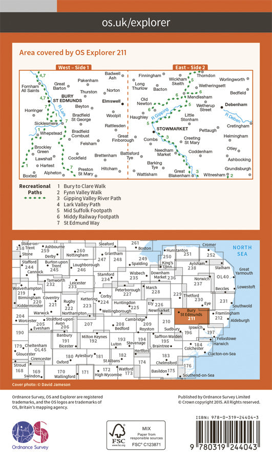 Carte de randonnée n° 211 - Bury St Edmunds, Stowmarket (Grande Bretagne) | Ordnance Survey - Explorer carte de randonnée Ordnance Survey